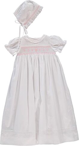 White Christening Gown Hand Smocked Yoke with Cross Detail and Short Sleeves + Bonnet in Saudi Arabia