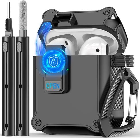 متوافق مع غطاء حافظة AirPods Pro الجيل الثاني/الأول، مع مجموعة منظف، مفتاح كبس تلقائي آمن لعلبة شحن iPod Pro (كابل USB-C/Lightning) (2023/2022/2019) - أسود in Kuwait