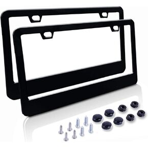 Car License Plate Frame - Matte Stainless Steel License Plate Covers with Free Screws Fasteners + Black Screw Caps (2 Pack-Black)