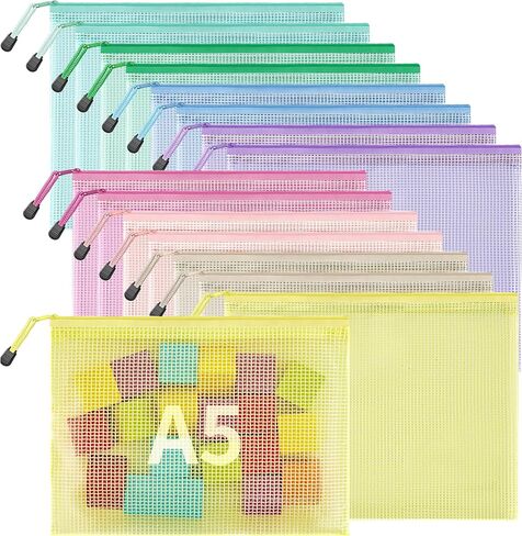 JARLINK 16pcs Mesh Zipper Pouch for Organizing, A3 Size Waterproof Zipper Storage Bags, 8 Colors Plastic File Pouch, Multipurpose for Travel, School, Board Game, Puzzles, Office, and Home Organize in Saudi Arabia