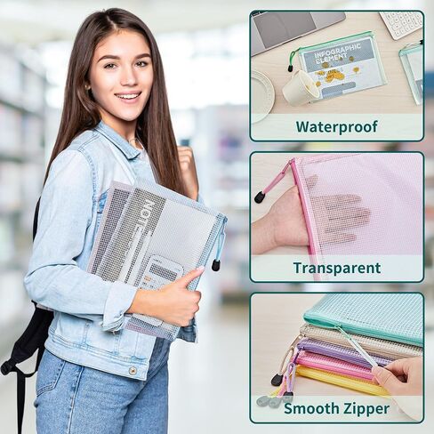 JARLINK 16pcs Mesh Zipper Pouch for Organizing, A3 Size Waterproof Zipper Storage Bags, 8 Colors Plastic File Pouch, Multipurpose for Travel, School, Board Game, Puzzles, Office, and Home Organize in Saudi Arabia