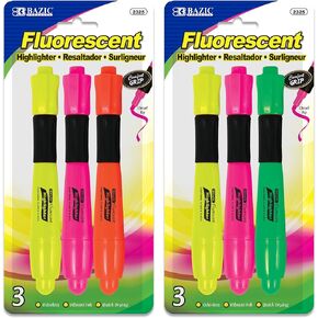 BAZIC Desk Style Fluorescent Highlighters w/ Cushion Grip (3/Pack)