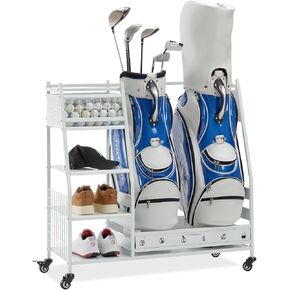Lauren&Harold Golf Bag Organizer Garage Storage, Golf Storage Rack Stand with Lockable Wheels Fits 2 Golf Bags and Other Golfing Equipment Accessories, Golf Organizer for Garage, Club, Shed, Basement