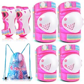 Mermaid Knee Pads for Kids, Girls Boys Knee Elbow Pads Wrist Guards with Drawstring Bag, Adjustable Reflective Protective Gear Set for Roller Skates Bike Cycling Skateboard Scooter Rose S