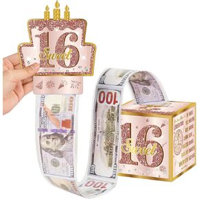 Sweet 16th Birthday Pull-Out Money Gift Box for Girls - Pink Rose Gold Happy 2008 16th Birthday Party Cash Gift Box with Pull-Out Card - A Fun and Loving Way to Offer Cash Gift.