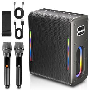 Karaoke Machine with Two Wireless Microphones, 150W Powerful Portable Bluetooth Speaker for Party, 24 hour playtime with 15000mAH high-capacity Battery, LED Lights, Supports TWS/REC/AUX/USB/TF