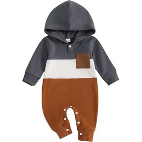 BemeyourBBs Newborn Baby Boy Clothes Color Block Long Sleeve Zipper Hooded Romper with Pocket Fall One Piece Outfits in Kuwait