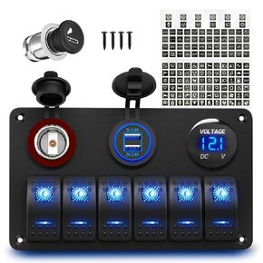 Marine Boat Switch Panel Waterproof 8 Gang 12V Rocker Switch Panel 12 Volt Toggle Switch Panel Blue LED Lighted for Automotive Car Truck