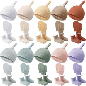 Toulite 10 Set Unisex Baby Hats Mittens and Socks Soft Newborn Knot Beanie Cute No Scratch Mitten Ankle Non Slip Sock for Boys Girls Infant Preemie Hospital, 0-6 Months