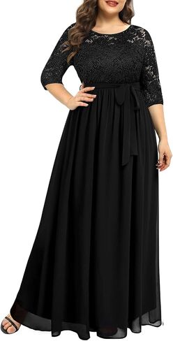 Pinup Fashion مقاس كبير فستان سهرة رسمي لحفلات الزفاف وضيف الزفاف | صدرية من الدانتيل، 3/4 كم، خصر إمبراطوري، تنورة من الشيفون، طول الأرض، سحاب خلفي، لأم العروس/العريس، وصيفة العروس in Kuwait
