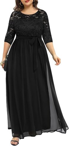 Pinup Fashion مقاس كبير فستان سهرة رسمي لحفلات الزفاف وضيف الزفاف | صدرية من الدانتيل، 3/4 كم، خصر إمبراطوري، تنورة من الشيفون، طول الأرض، سحاب خلفي، لأم العروس/العريس، وصيفة العروس in Kuwait