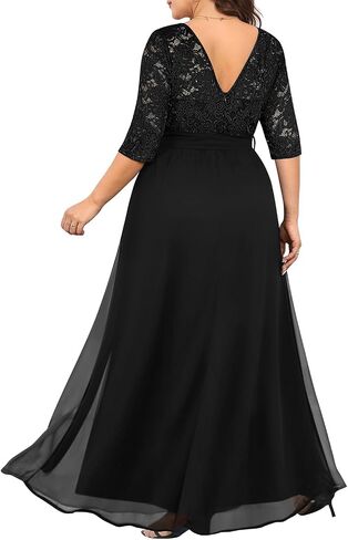 Pinup Fashion مقاس كبير فستان سهرة رسمي لحفلات الزفاف وضيف الزفاف | صدرية من الدانتيل، 3/4 كم، خصر إمبراطوري، تنورة من الشيفون، طول الأرض، سحاب خلفي، لأم العروس/العريس، وصيفة العروس in Kuwait