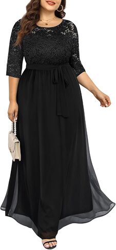 Pinup Fashion مقاس كبير فستان سهرة رسمي لحفلات الزفاف وضيف الزفاف | صدرية من الدانتيل، 3/4 كم، خصر إمبراطوري، تنورة من الشيفون، طول الأرض، سحاب خلفي، لأم العروس/العريس، وصيفة العروس in Kuwait