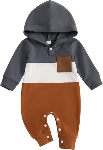 BemeyourBBs Newborn Baby Boy Clothes Color Block Long Sleeve Zipper Hooded Romper with Pocket Fall One Piece Outfits in Kuwait