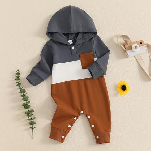 BemeyourBBs Newborn Baby Boy Clothes Color Block Long Sleeve Zipper Hooded Romper with Pocket Fall One Piece Outfits in Kuwait