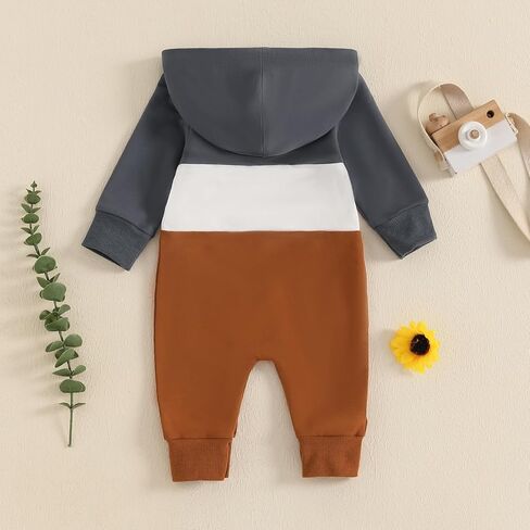 BemeyourBBs Newborn Baby Boy Clothes Color Block Long Sleeve Zipper Hooded Romper with Pocket Fall One Piece Outfits in Kuwait