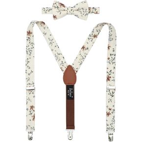 BELLUNO Boys' Floral Suspenders and Bow Tie Set, Pre-Tied Cotton Bowtie for Kids from Toddlers to Teens