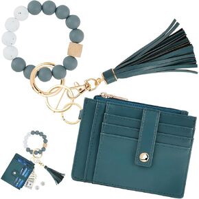 KNGITRYI Wallet Keychain Wristlet for Women,Slim RFID Credit Card Holder Purse Tassel Keychain Bangle Key Ring for Men Women (RFID-Beige, RFID)