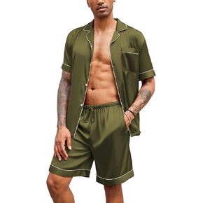Ekouaer Mens Satin Pajamas Set Button-Down Short Sleeve Shirt Top Soft Silk Sleepwear Loose Pocket Pant Loungewear