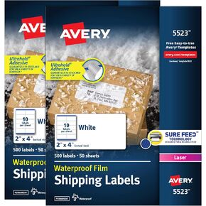 Avery Waterproof Printable Shipping Labels with Sure Feed, 2" x 4", White, 100 Blank Mailing Labels (15513)