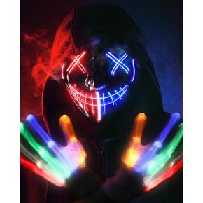 STONCH Halloween Mask Skeleton Gloves Set, 3 Modes Light Up Scary LED Mask with LED Glow Gloves, Halloween Decorations Anonymous Mask, Halloween Costumes glow purge Masks ​Gift for Boys Girls