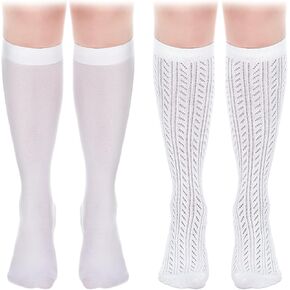 Suhine 2 Pair Oktoberfest Knee High Socks Lace Trim Ruffle Bow Long Socks and Satin Bow White Stockings for Women Girls Oktoberfest Costumes