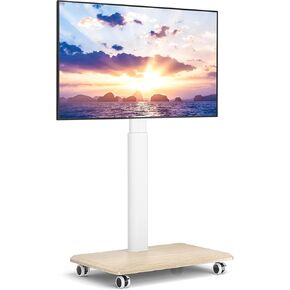 Rfiver Rolling TV Stand for 32 to 70 Inch TVs, Modern Portable Corner TV Stand with Upgraded Wheels, 9 Levels of Height & ±30° Swivel Adjustable Mobile TV Stand for Bedroom, Corner, Small Dorm, White