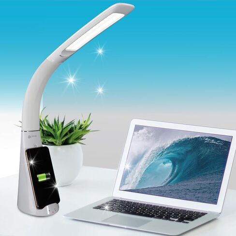 OttLite Thrive LED Sanitizing Desk Lamp with Clock and USB Charging - Eliminates up to 99.9% of Bacteria, Touch Activated, Flexible Neck, Modern Light for Reading, Crafting & Office Desktop in Saudi Arabia