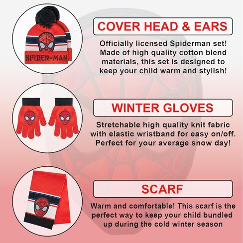 Marvel Spider-Man Kid’s Winter Hat Snow Gloves and Scarf for Boys and Toddlers 3 Pc Set Warm Pom-Pom Beanie with Accessories in Kuwait