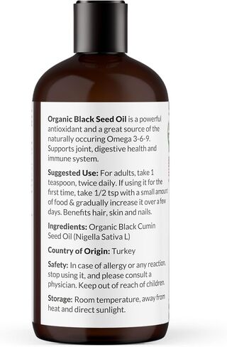 NaturoBliss Organic Black Seed Oil 100% Virgin Cold Pressed Omega 3 6 9 Super Antioxidant for Immune Support, Joints, Mobility, Digestion, Hair & Skin Vegan, Gluten-Free, Non-GMO USDA Certified 8oz in Saudi Arabia