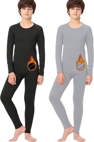 Rolimaka 2/1 Set Youth Boys' Thermal Underwear Set Compression Shirt Leggings Fleece Lined Pants Kids' Base Layer Winter in Kuwait