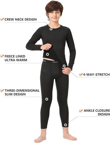 Rolimaka 2/1 Set Youth Boys' Thermal Underwear Set Compression Shirt Leggings Fleece Lined Pants Kids' Base Layer Winter in Kuwait