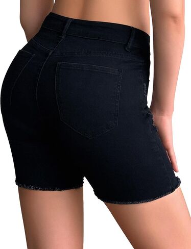 roswear Women’s Casual Summer Ripped High Waisted Denim Shorts Stretch Distressed Frayed Raw Hem Jean Shorts in Kuwait