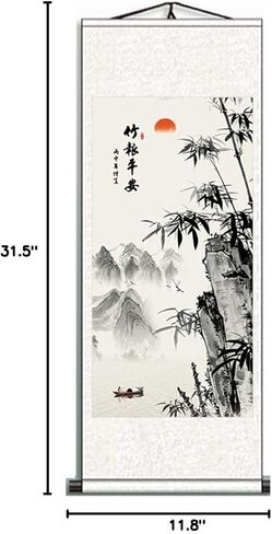 Zzooi Chinese Lucky Painting Carp Bamboo Wall Art Hanging Silk Scroll,Feng Shui Decor in Kuwait