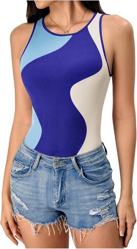 Verdusa Women's Color Block Sleeveless Scoop Neck Tank Bodysuit Top in Kuwait
