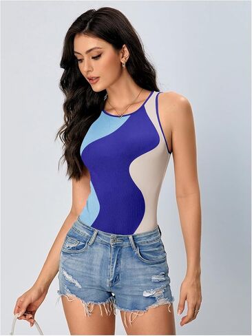 Verdusa Women's Color Block Sleeveless Scoop Neck Tank Bodysuit Top in Kuwait