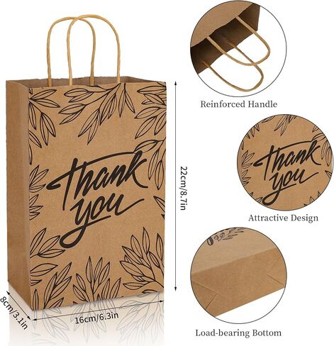 Whaline 16Pcs Thank You Party Bags Gold Foil Kraft Paper Gift Bags Brown Paper Bags with Handle Party Favor Bags for Wedding Birthday Baby Shower Party Favors 6.3 x 8.7 x 3.1inch, 4 Styles in Saudi Arabia