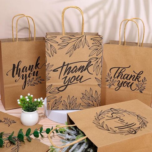 Whaline 16Pcs Thank You Party Bags Gold Foil Kraft Paper Gift Bags Brown Paper Bags with Handle Party Favor Bags for Wedding Birthday Baby Shower Party Favors 6.3 x 8.7 x 3.1inch, 4 Styles in Saudi Arabia