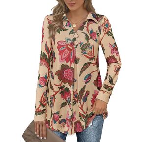 Bebonnie Womens Long Sleeve Casual Lapel V Neck Pullover Tunic Blouse Tops with Buttons