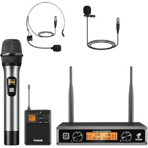 TONOR UHF Wireless Microphones System with Metal Cordless Handheld/Headset/Lavalier Lapel Mics, Bodypack Transmitter, Receiver, 4*10 Channels 295ft Range for Singing Karaoke Church Party DJ PA Speaker