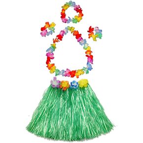 Fortuning's JDS Girl's Elastic Hawaiian Hula Dancer Grass Skirt with Flower Costume Set -Pink