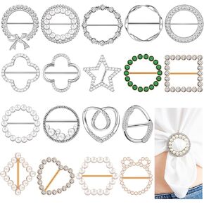 Juexica 18 Pcs T-Shirt Clips for Women Scarf Ring Clips Waist Round Metal Silk Alloy Scarf Buckle with Rhinestone and Pearl Circle Clothes Corner Knotted Button, 18 Designs