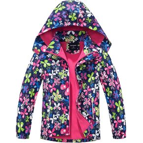 Girls Hooded Rain Jacket Waterproof Raincoat Fleece Lined Coat for Kids