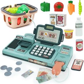 Cash Register for Kids Role Play Shopping Cashier Playset with Sound Scanner Food Shopping Basket Play Money Credit Card Gift for Boys Girls 3 4 5 6 7 8 Years