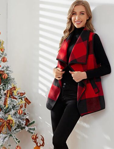YACUN Women Vest Lapel Open Front Buffalo Plaid Sleeveless Cardigan Jacket Coat with Pockets in Kuwait