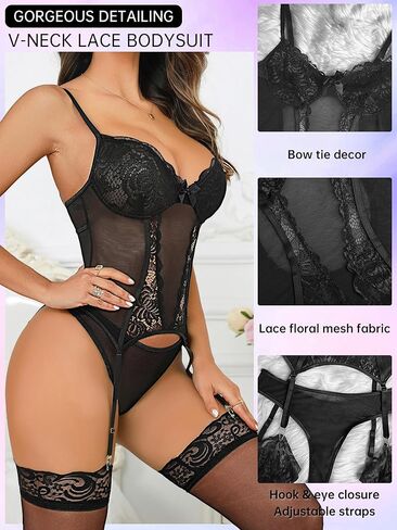 ssyyx Women's Sexy Lingerie Set with Garter Belt Lace Bodysuit Teddy Baby Dolls Panty with Stockings in Kuwait