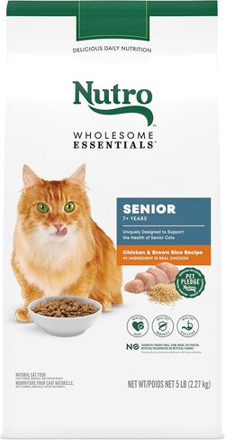 NUTRO WHOLESOME ESSENTIALS طعام قطط طبيعي جاف لكبار السن من أجل وزن صحي للدجاج المزروع في المزرعة ووصفة الأرز البني، 3 رطل. حقيبة in Kuwait