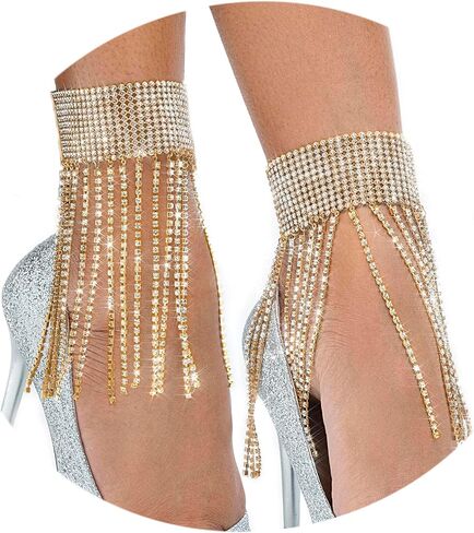 ELABEST Rhinestone Ankle Bracelets Crystal Tassel Anklet 2pcs Glitter Tennis Foot Chain Wedding Jewelry Accessories For Women and Girls in Kuwait