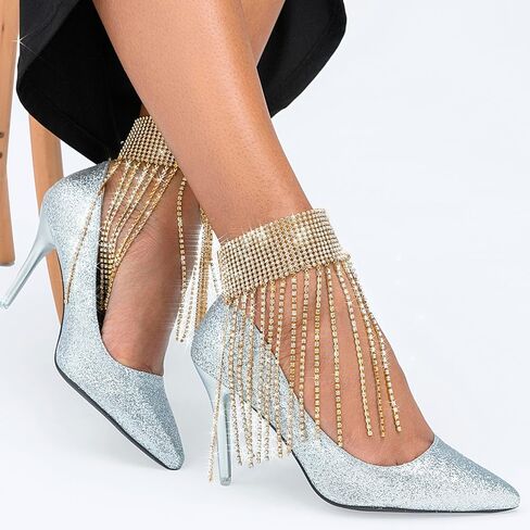 ELABEST Rhinestone Ankle Bracelets Crystal Tassel Anklet 2pcs Glitter Tennis Foot Chain Wedding Jewelry Accessories For Women and Girls in Kuwait