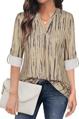 Ninedaily Womens Tops Dressy Casual 3/4 Sleeve V Neck Chiffon Shirt Work Blouses in Kuwait